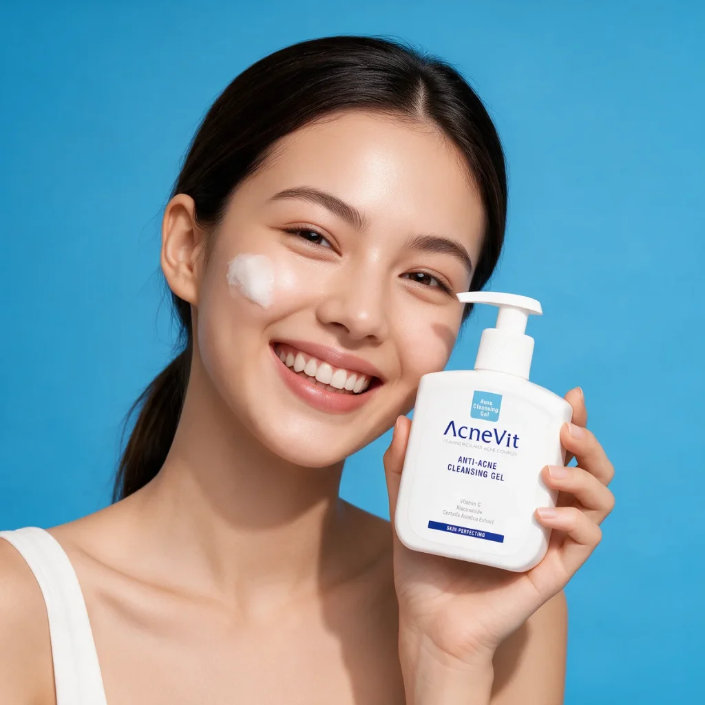 Smiling woman holding AcneVit Anti-Acne Cleansing Gel