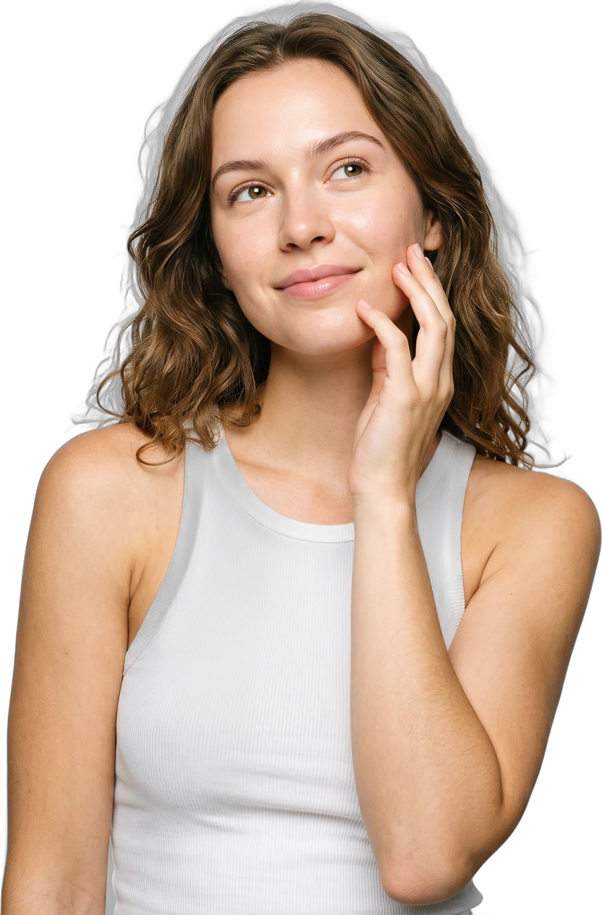 Smiling woman with clear skin touching her cheek