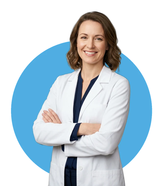 Smiling pharmacist in a white lab coat