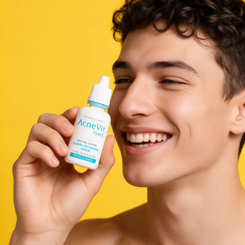 Smiling man holding AcneVit Forte serum