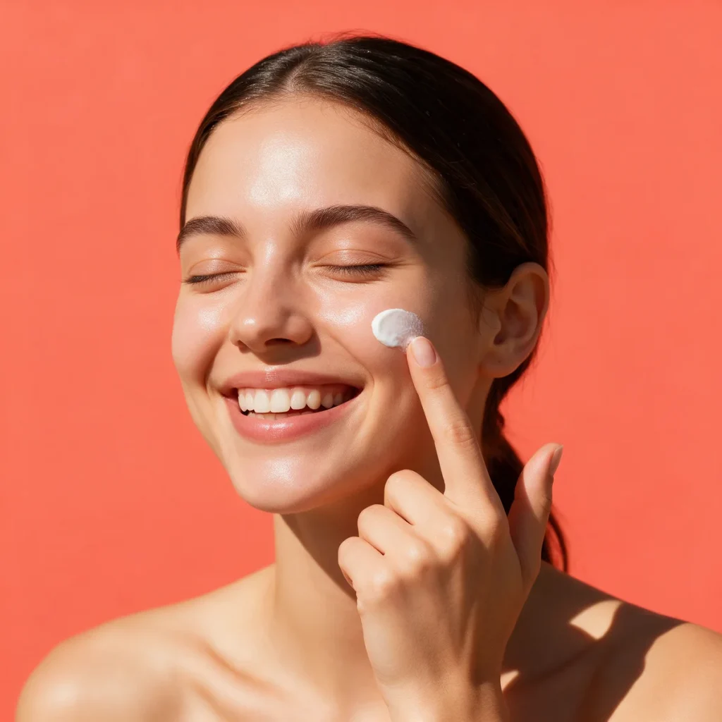 Woman applying sunscreen cream on her cheek